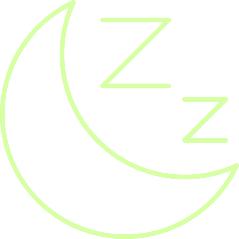 A neon green crescent moon with 'Z' symbols for sleep.