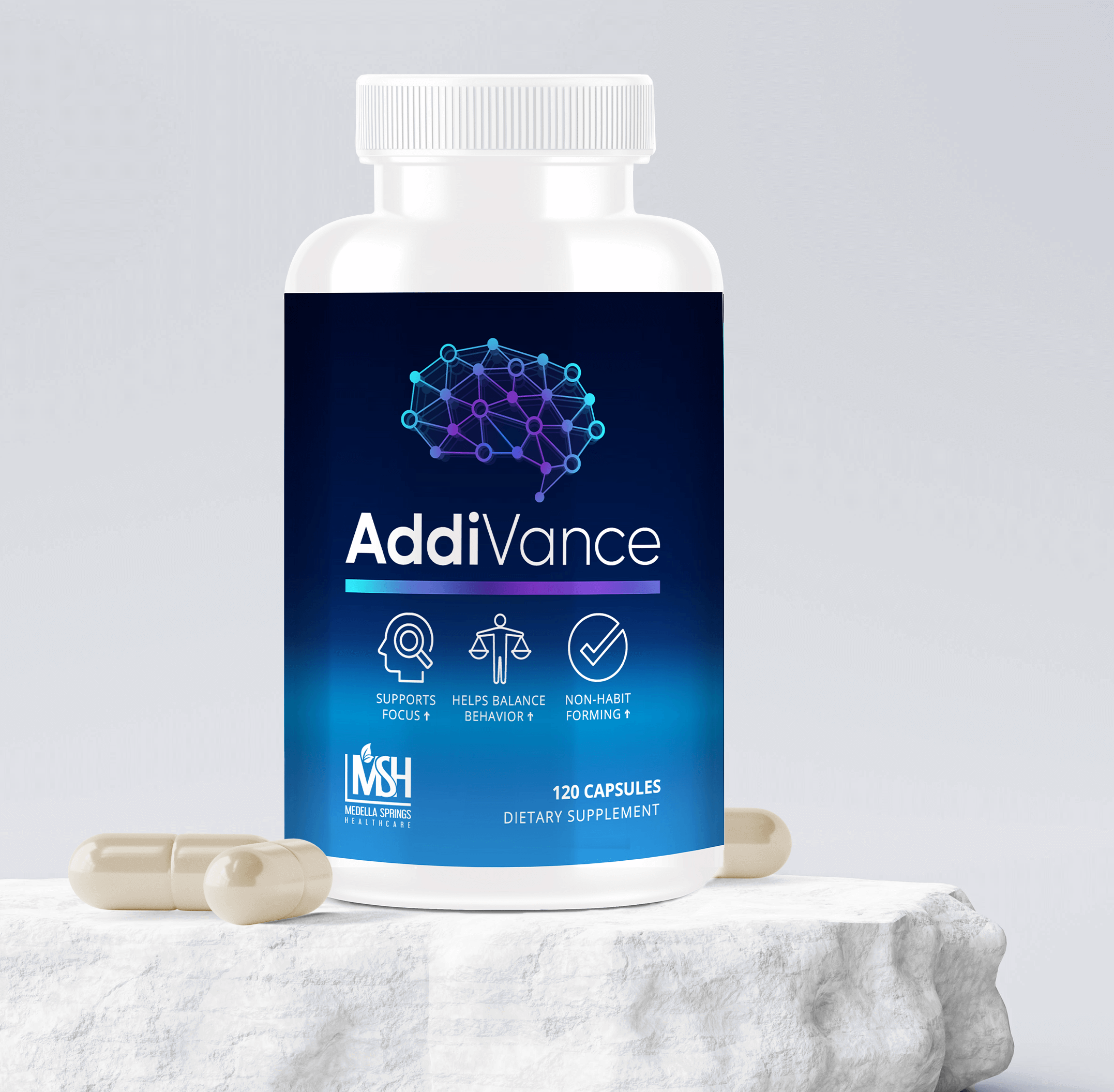 White supplement bottle labeled 'AddiVance' with pills beside it.