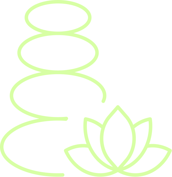 Minimalist line art of stacked stones and a lotus flower.