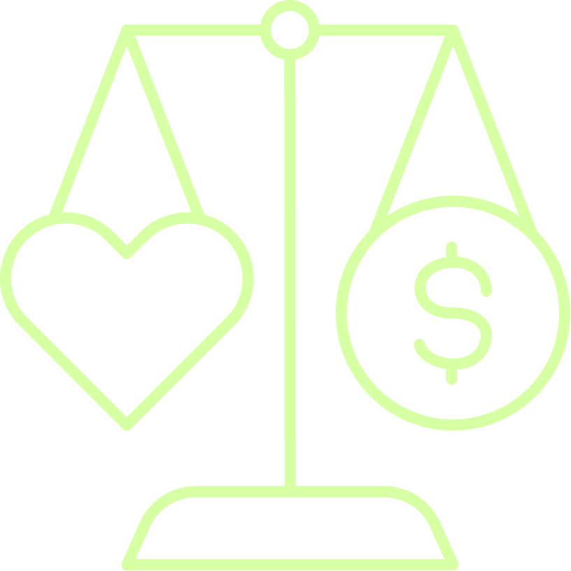 Scale balancing a heart and a dollar symbol.