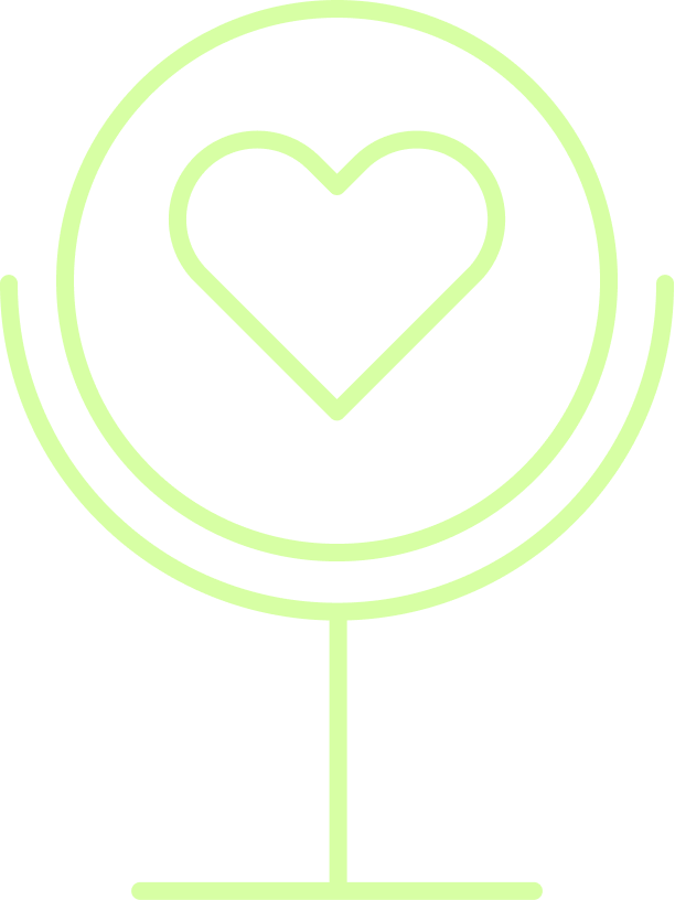 A green outline of a heart inside a circular frame.