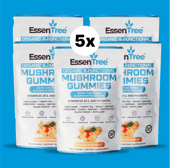 Five bags of EssenTree organic mushroom gummies on a blue background.