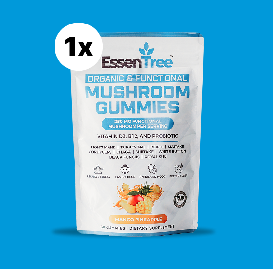 EssenTree Organic Mushroom Gummies package on a blue background.