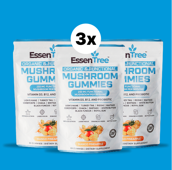 Three bags of EssenTree Organic Mushroom Gummies, Mango Pineapple flavor, on a blue background.