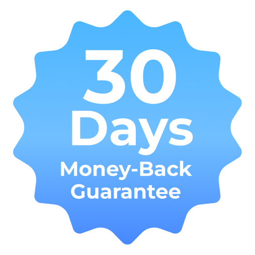 30-day money-back guarantee badge in blue and white.