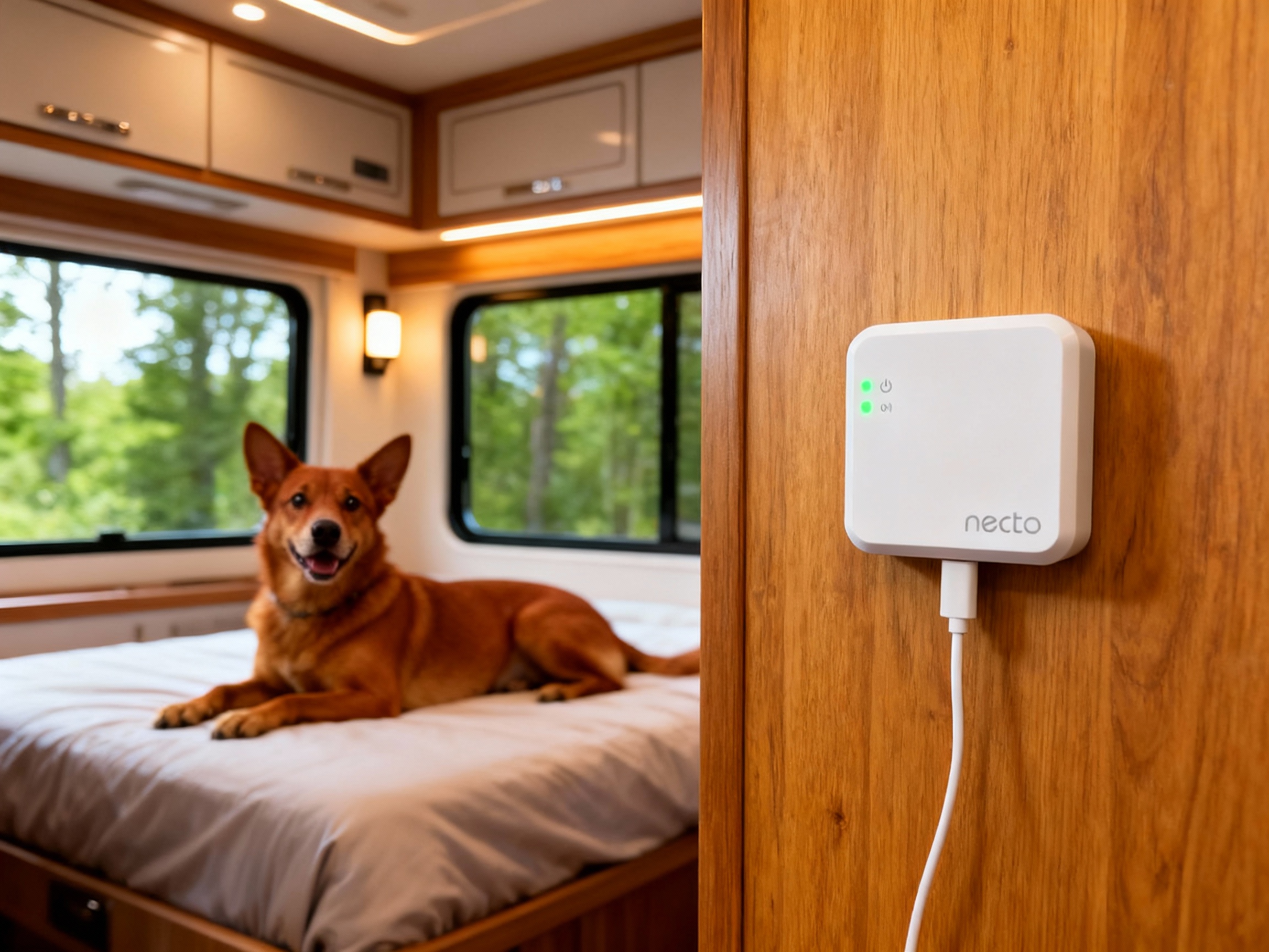 Dog on bed in RV interior with electronic device on wall.