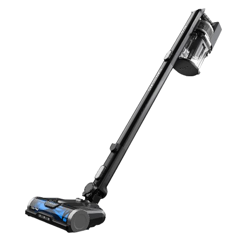 A black and blue cordless vacuum cleaner stands upright against a white background.