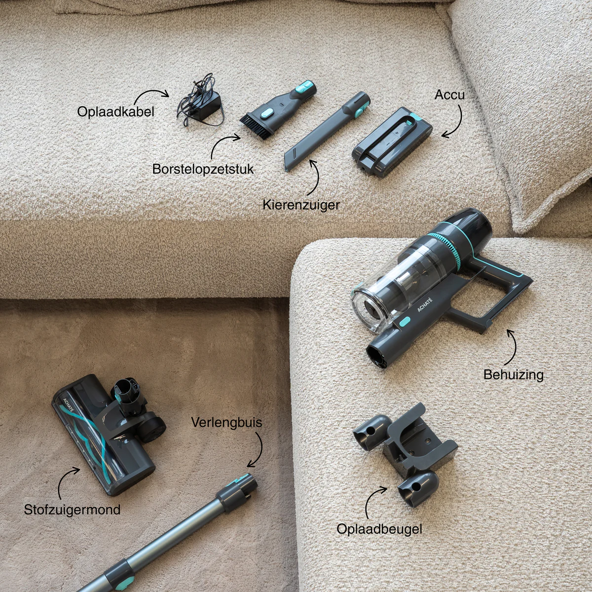 Vacuum cleaner parts with labeled components on a beige couch.