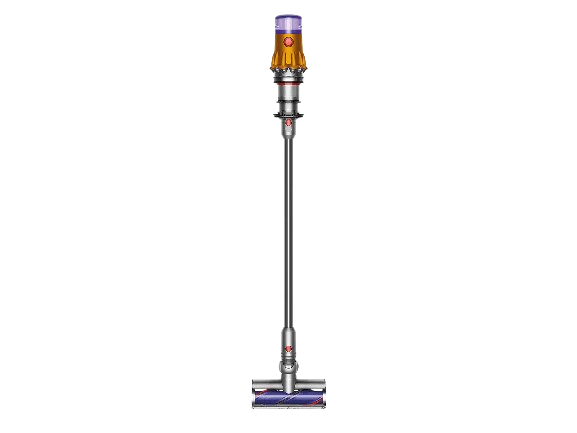Cordless stick vacuum cleaner with a transparent canister and purple accents.