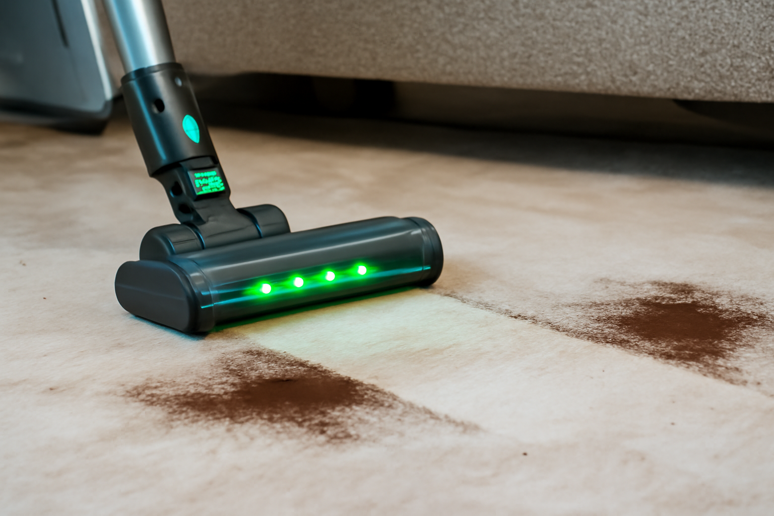 Vacuum cleaner with LED lights cleaning a carpet with dirt.