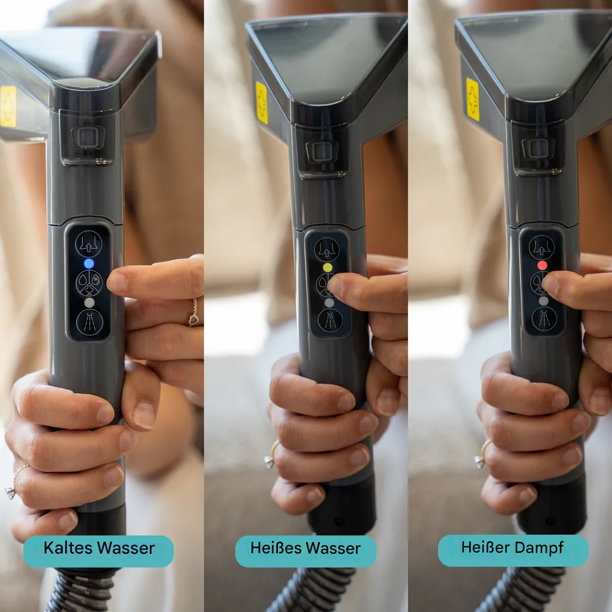 Three images showing a hand pressing buttons on a steam cleaner handle.
