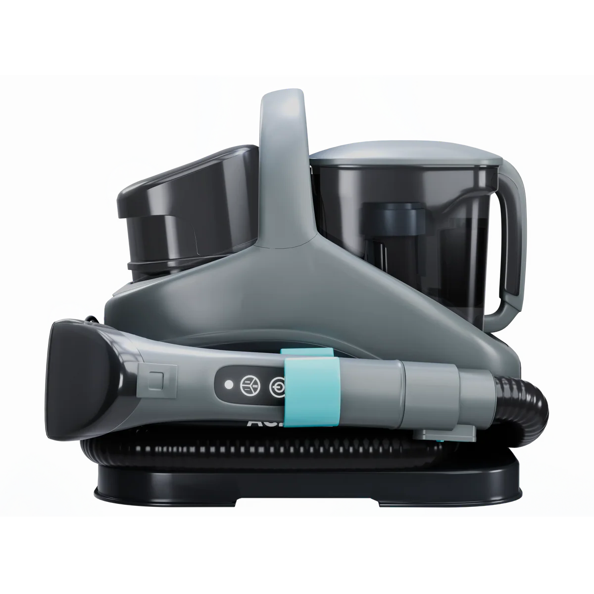 Gray vacuum cleaner with attachments on a flat surface.