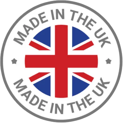 Circular badge with Union Jack and 'Made in the UK' text.