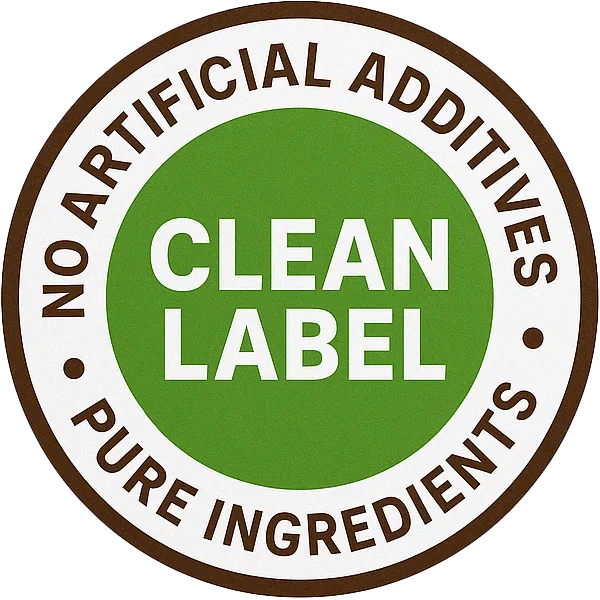 Circular label with 'Clean Label' text, green center, brown border.