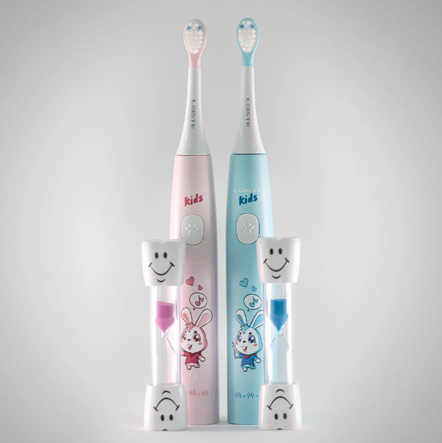 Two kids' electric toothbrushes with cartoon bunnies and smiling sand timers.