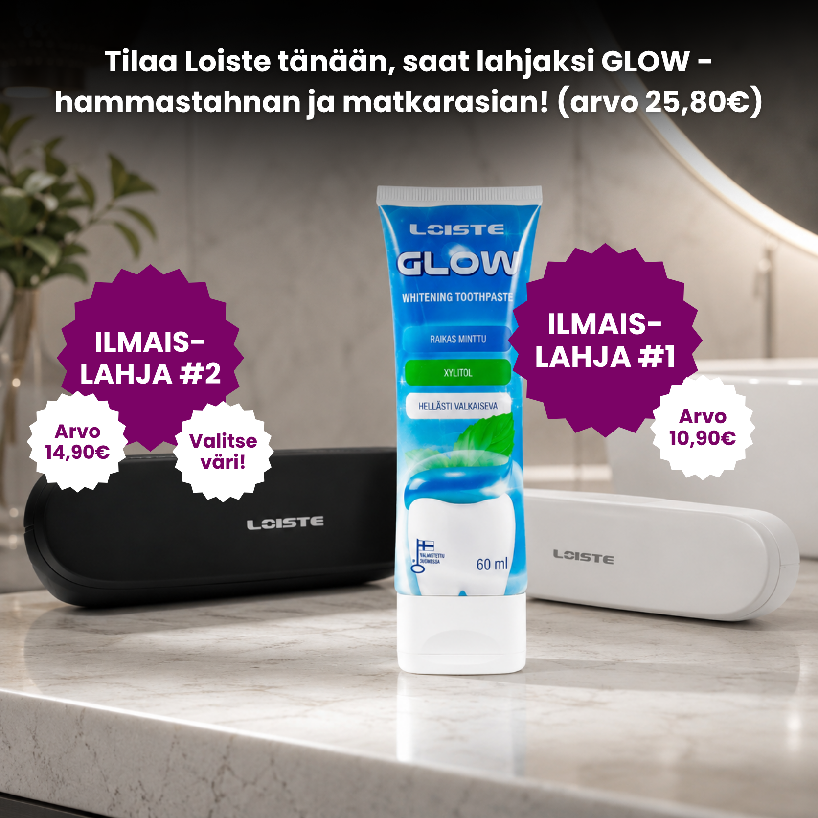 Two electric toothbrushes, whitening toothpaste, and two travel cases arranged on a bright blue background.