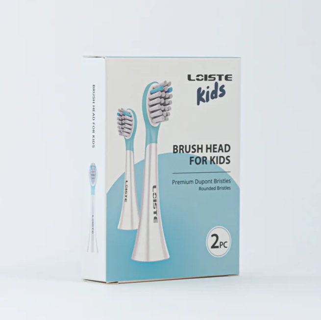 Box of kids' toothbrush heads, showing two brush heads and product information.