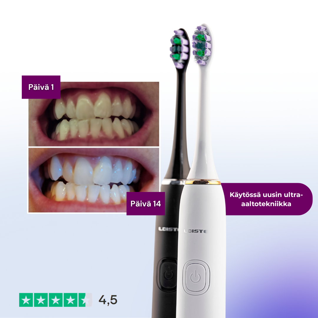 Two electric toothbrushes with before and after teeth images and a four-star rating.