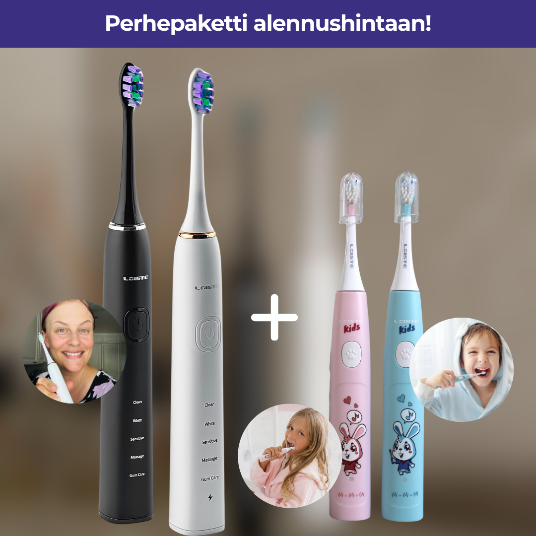 Four electric toothbrushes with smiling children and adults brushing teeth, offer text above.