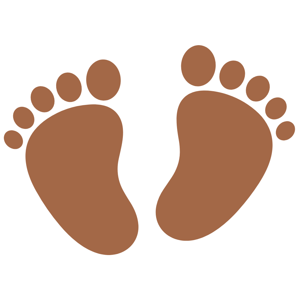A brown graphic of two baby footprints on a white background.