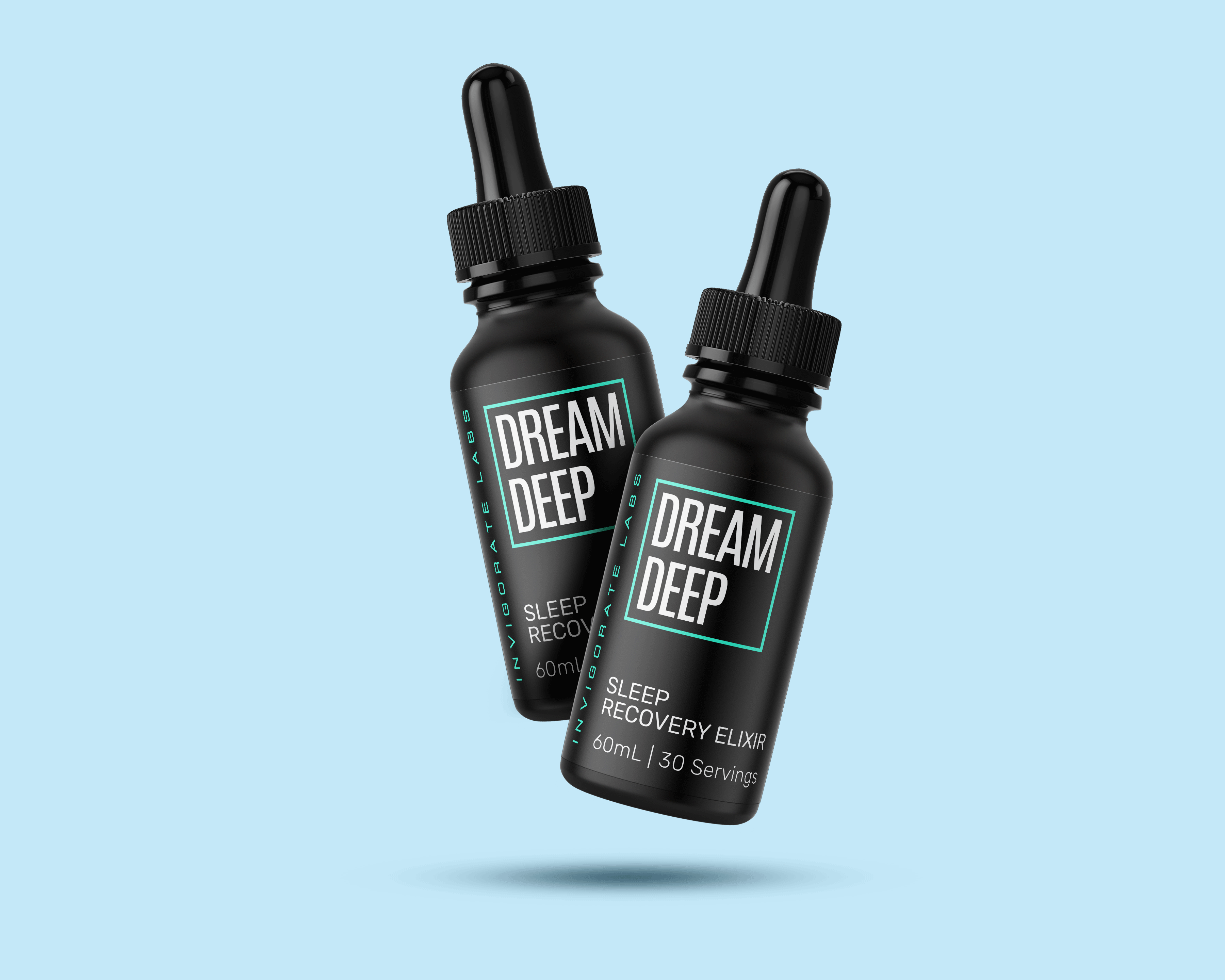 Two black bottles labeled 'Dream Deep' on a light blue background.