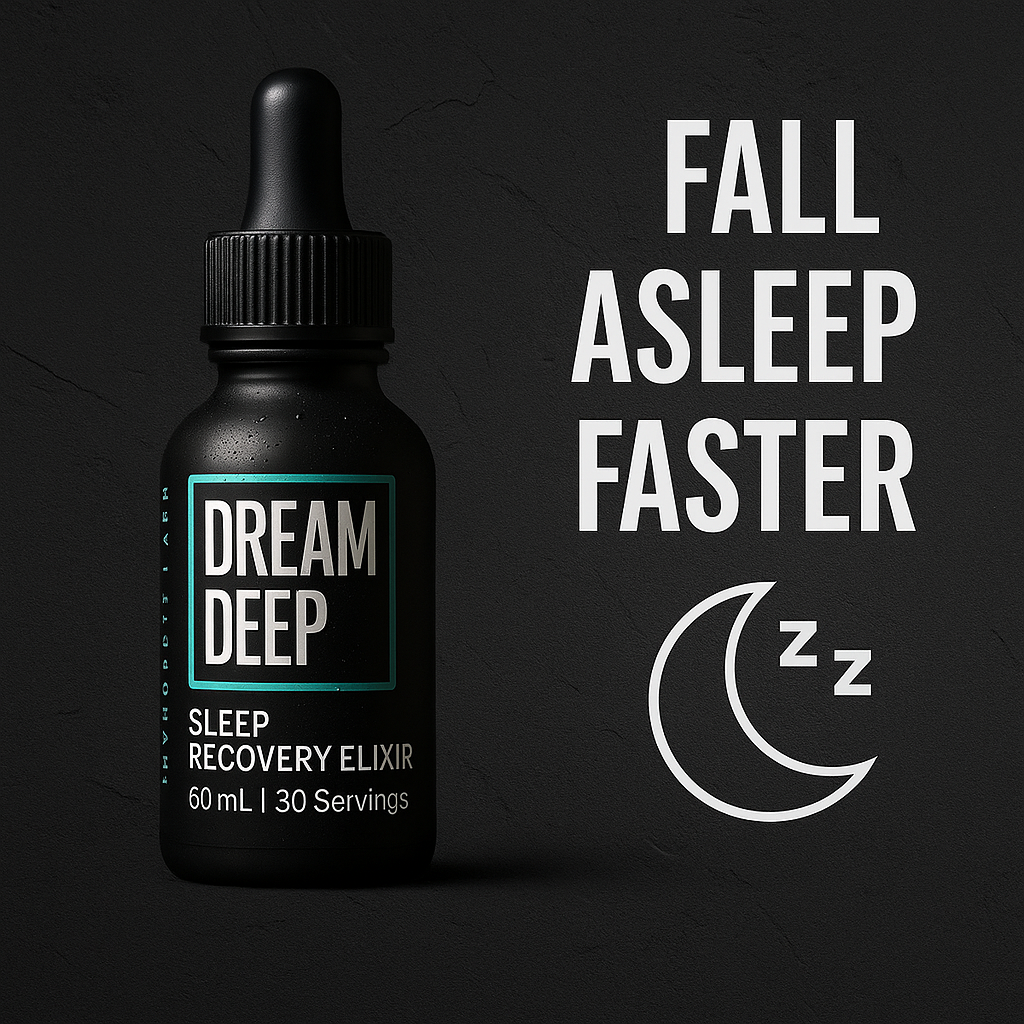 Black bottle labeled 'Dream Deep Sleep Recovery Elixir' with text 'Fall Asleep Faster' and moon icon.