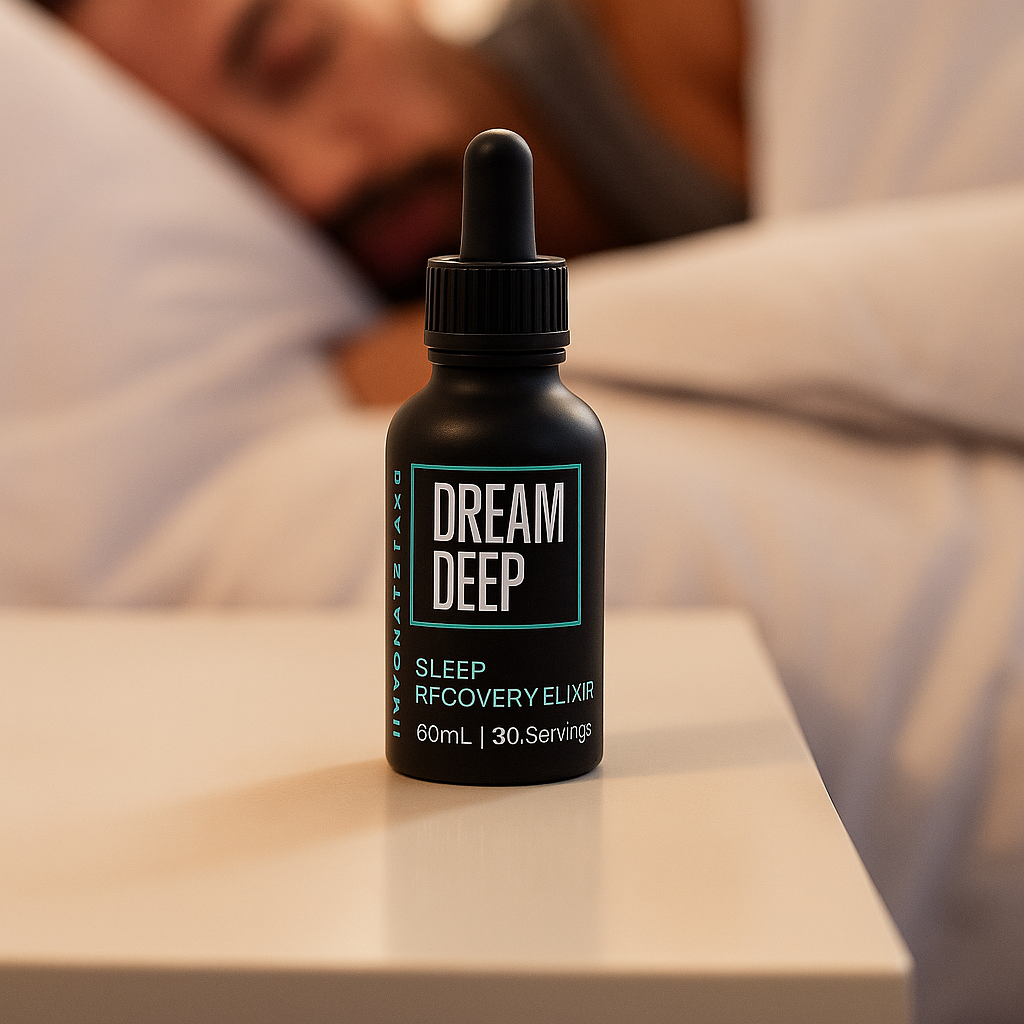 Bottle of 'Dream Deep' sleep elixir on a bedside table.