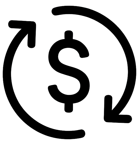 Black dollar sign with circular arrows around it.