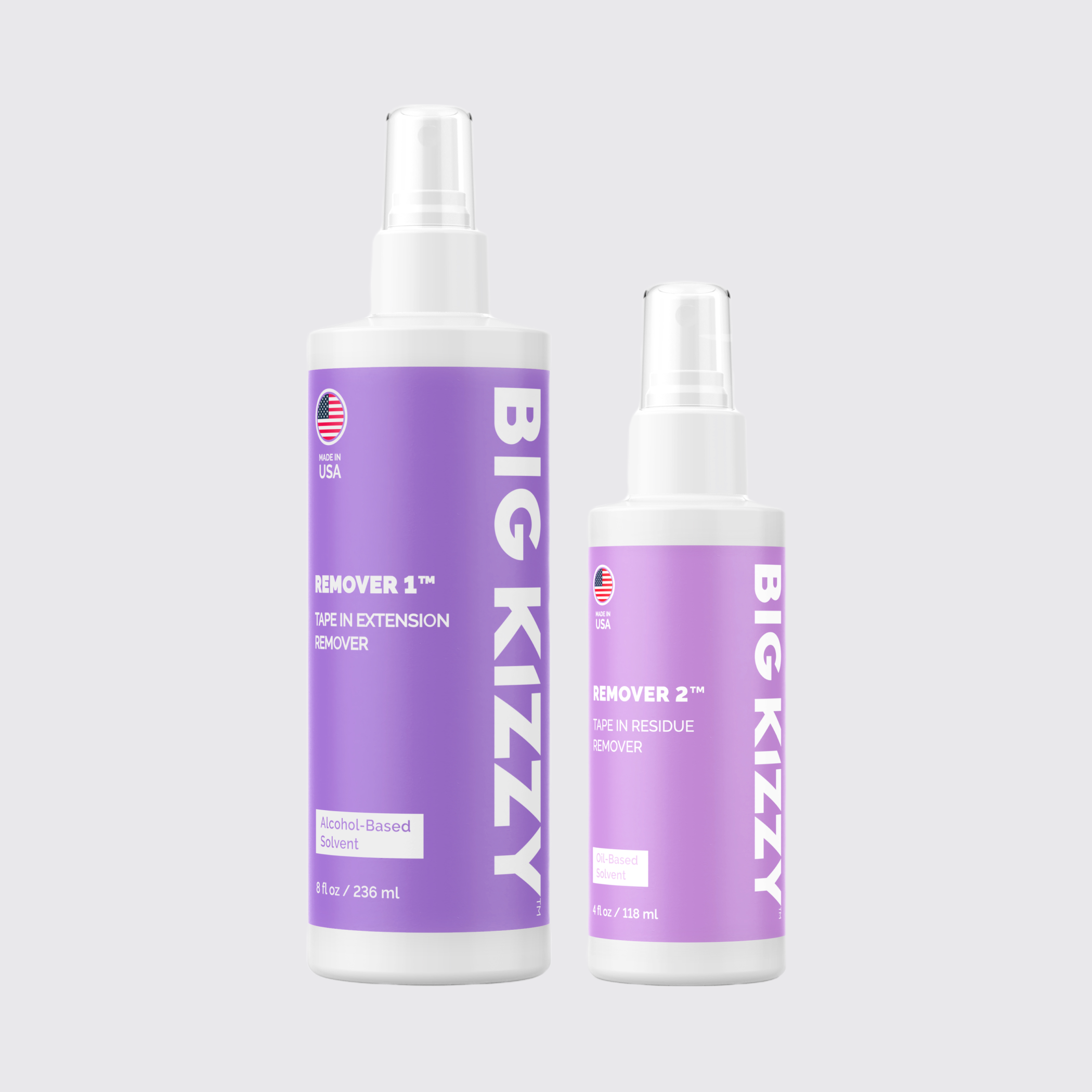Two purple bottles of Big Kizzy hair extension remover.