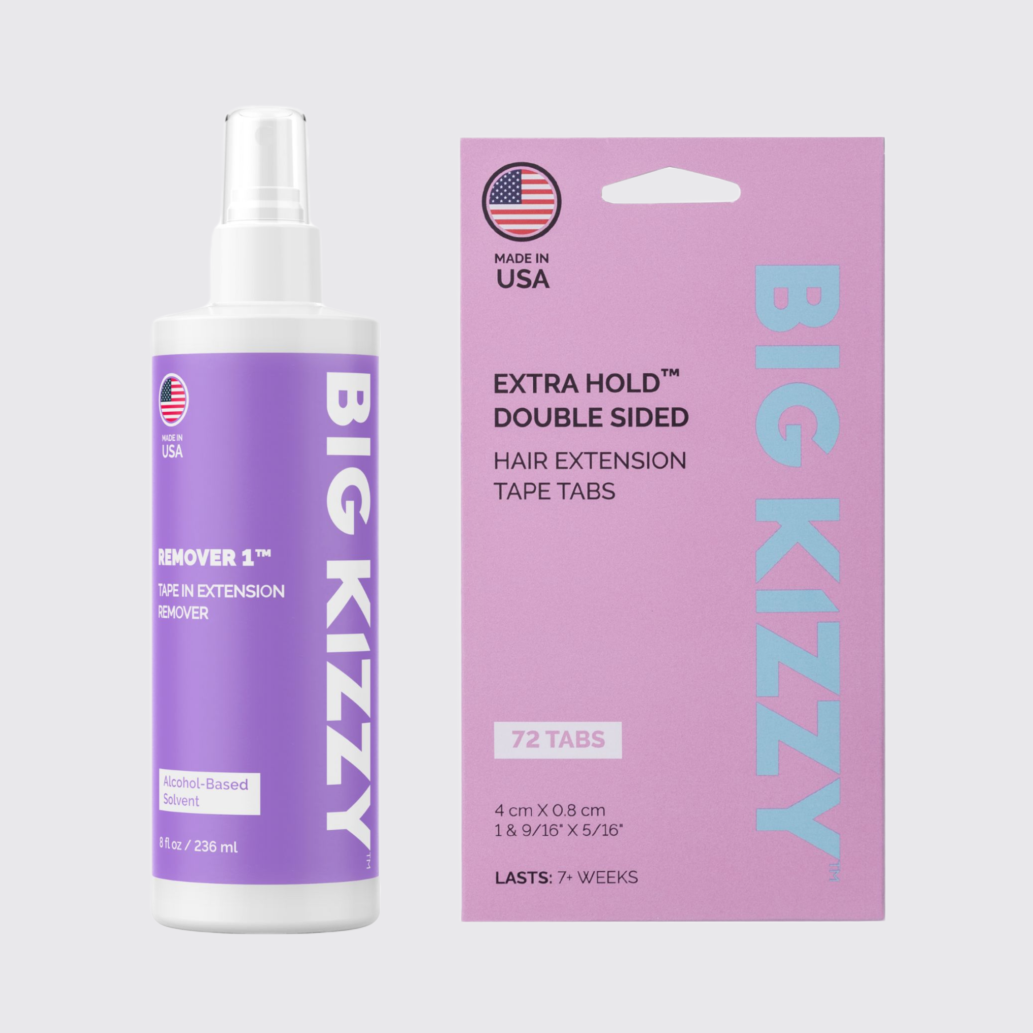 Big Kizzy hair extension remover and tape tabs packaging.