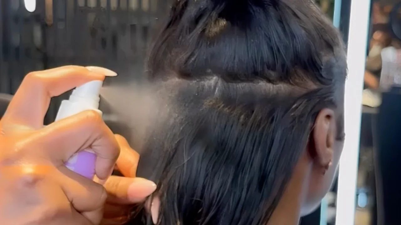 Person spraying hair with a bottle in a salon.