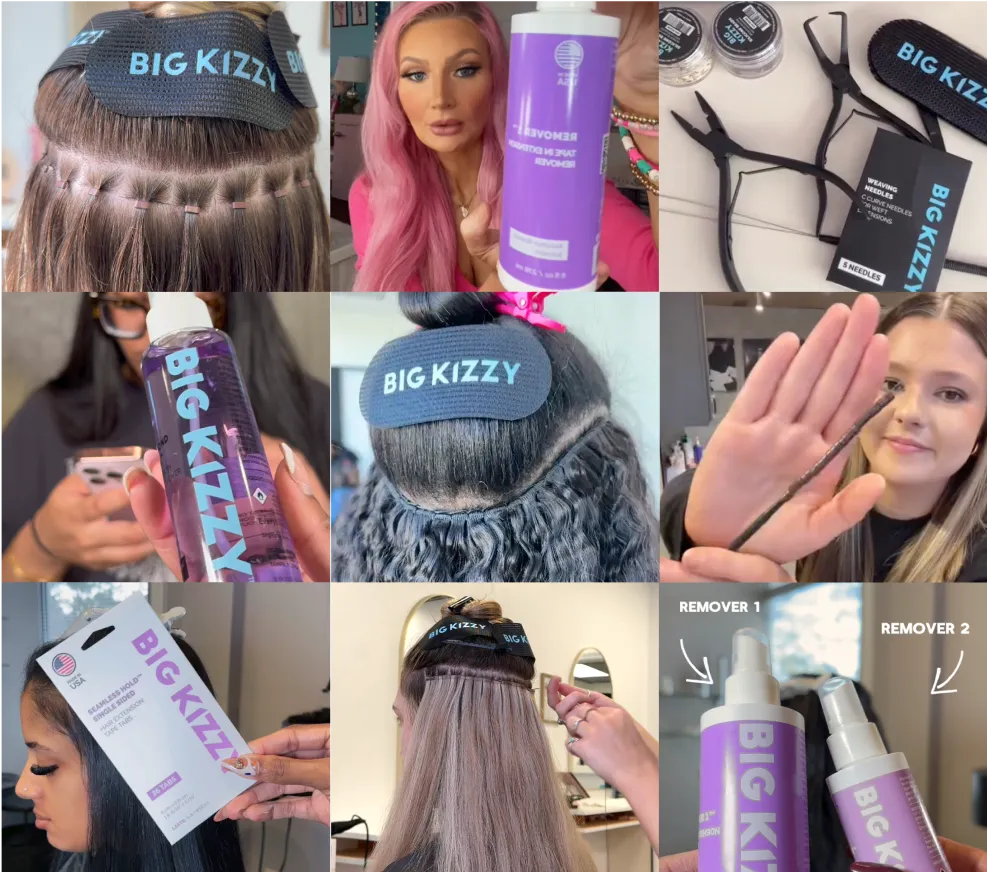 Collage of hair extension products and application process with 'Big Kizzy' branding.