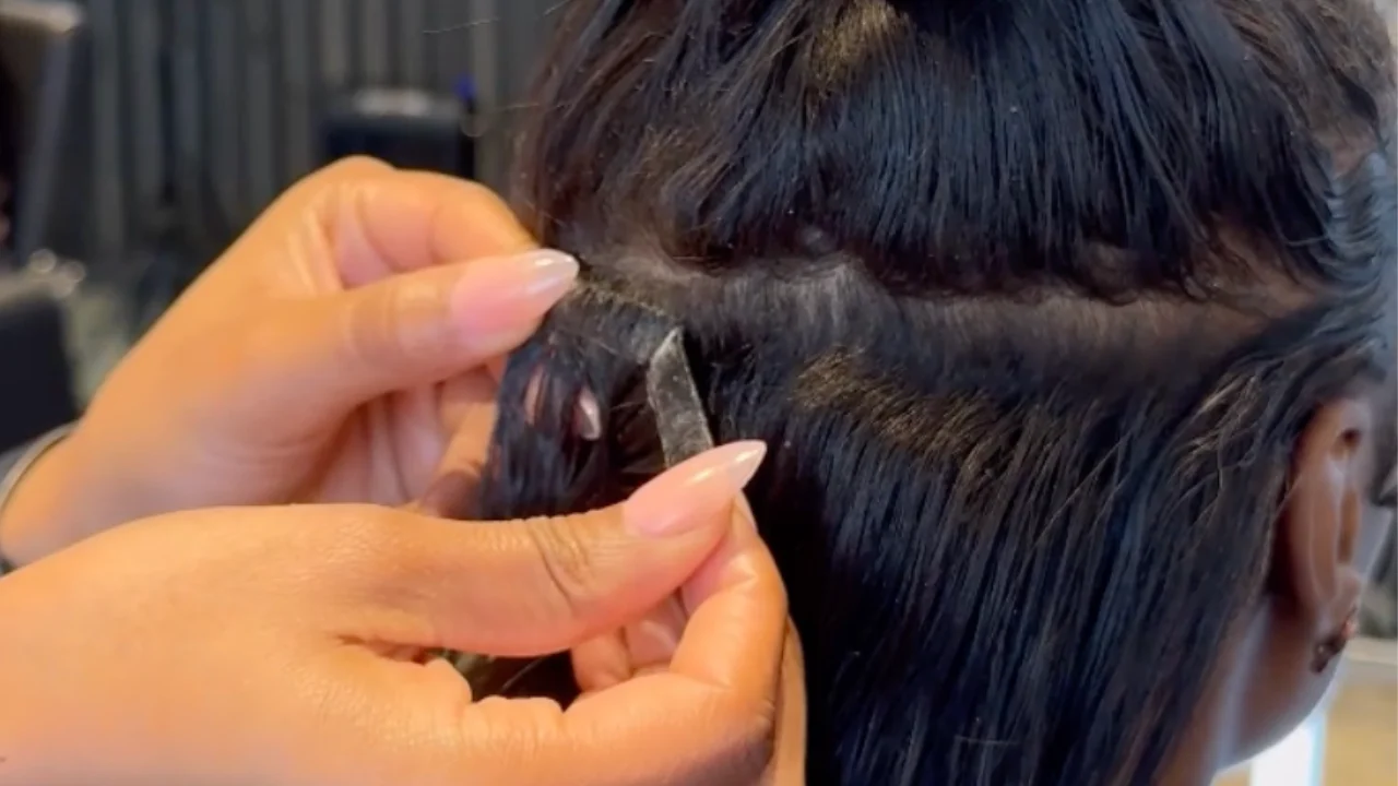 Hands applying hair extensions to a person's head.