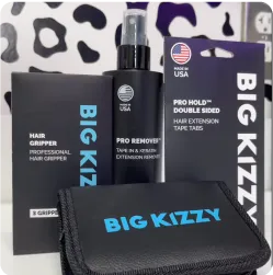 Big Kizzy hair extension products including remover, gripper, and tape.
