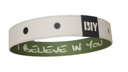 A wristband with 'I BELIEVE IN YOU' and symbols on it.