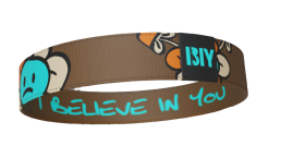 Brown headband with blue text 'BELIEVE IN YOU' and floral design.