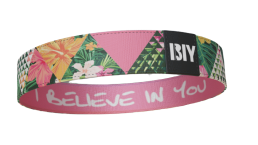 Colorful wristband with floral patterns and 'I BELIEVE IN YOU' text.