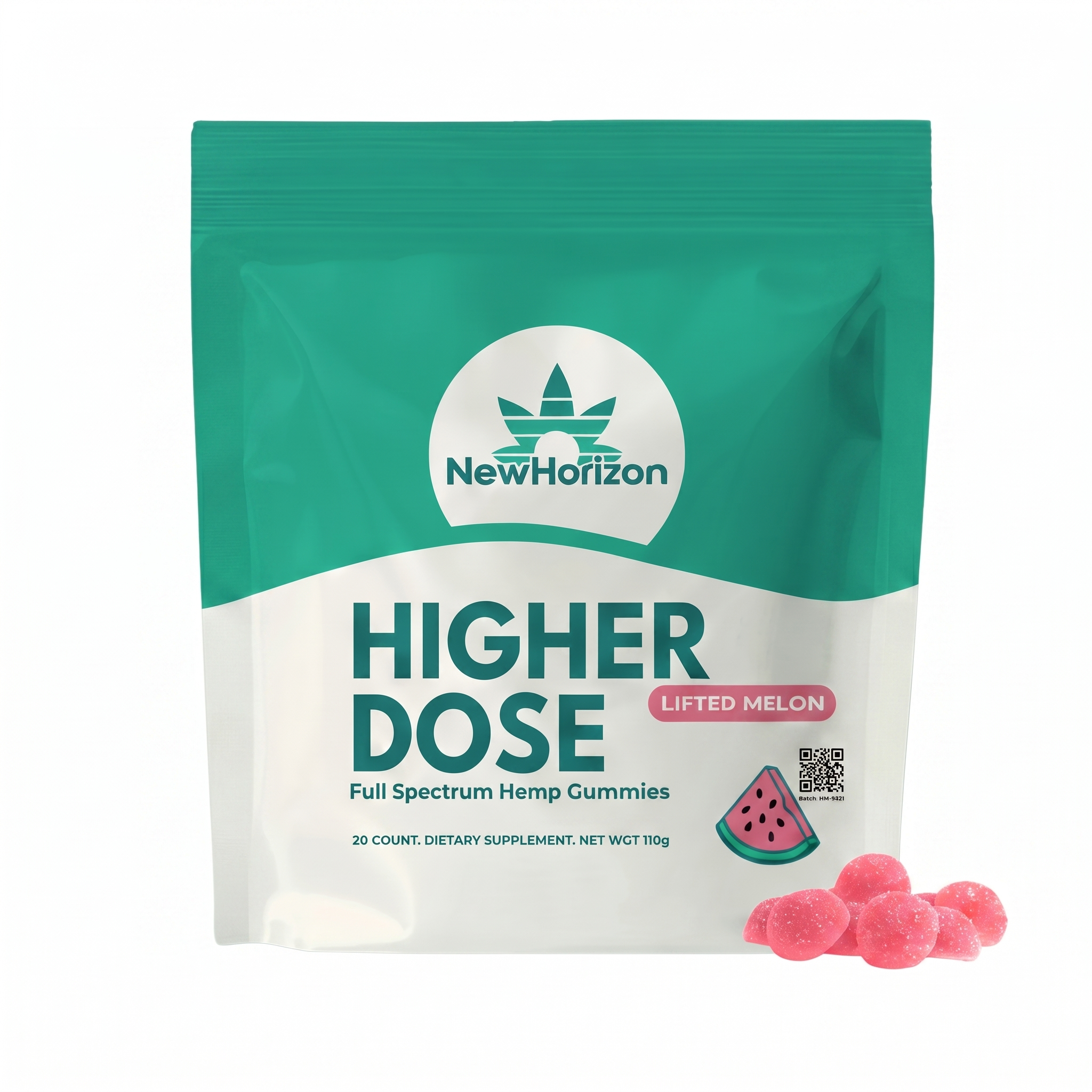 A bag of New Horizon Higher Dose Lifted Melon gummies with several pink gummies in front of it.