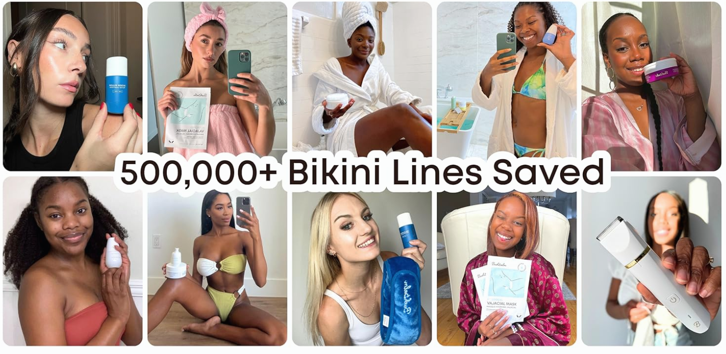 Collage of women holding skincare products with text '500,000+ Bikini Lines Saved'.