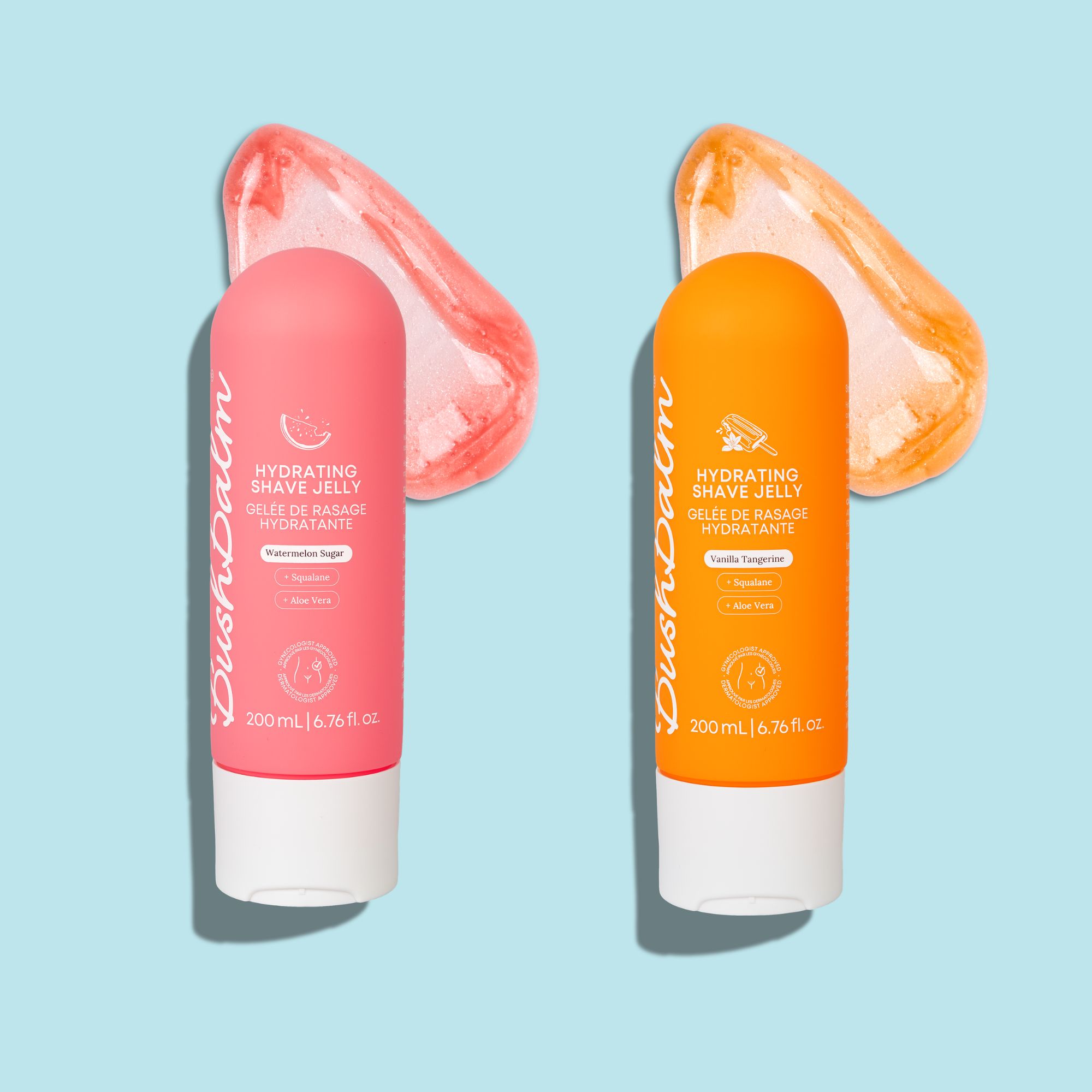 Two bottles of BushBalm Hydrating Shave Jelly, one pink and one orange, with product swatches behind them.