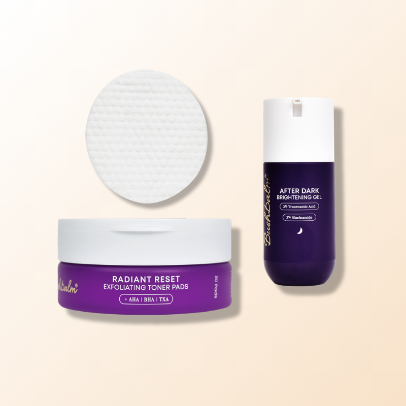 Bushbalm Radiant Reset Exfoliating Toner Pads, After Dark Brightening Gel, and a single round application pad.