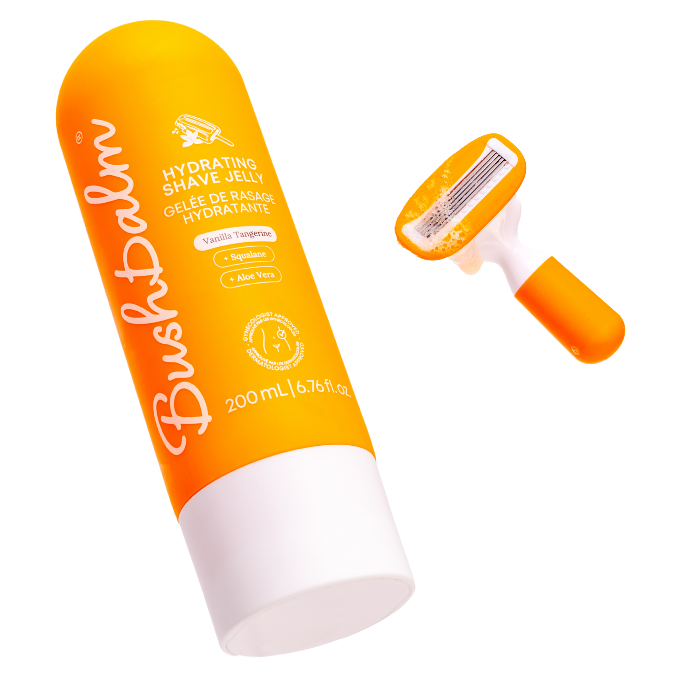 An orange bottle of BushBalm Hydrating Shave Jelly and a matching orange and white razor on a white background.