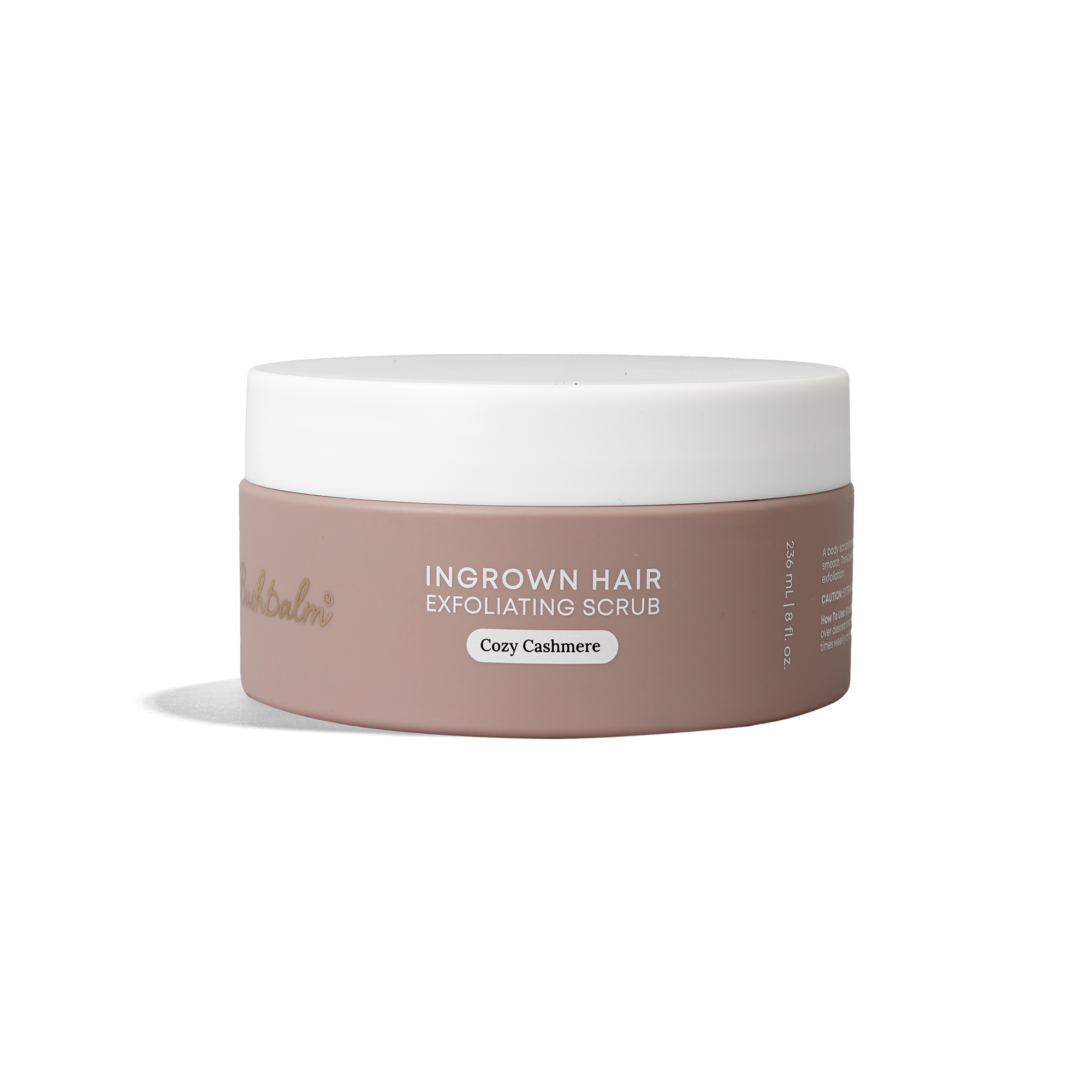 A jar of ingrown hair exfoliating scrub labeled Cozy Cashmere.