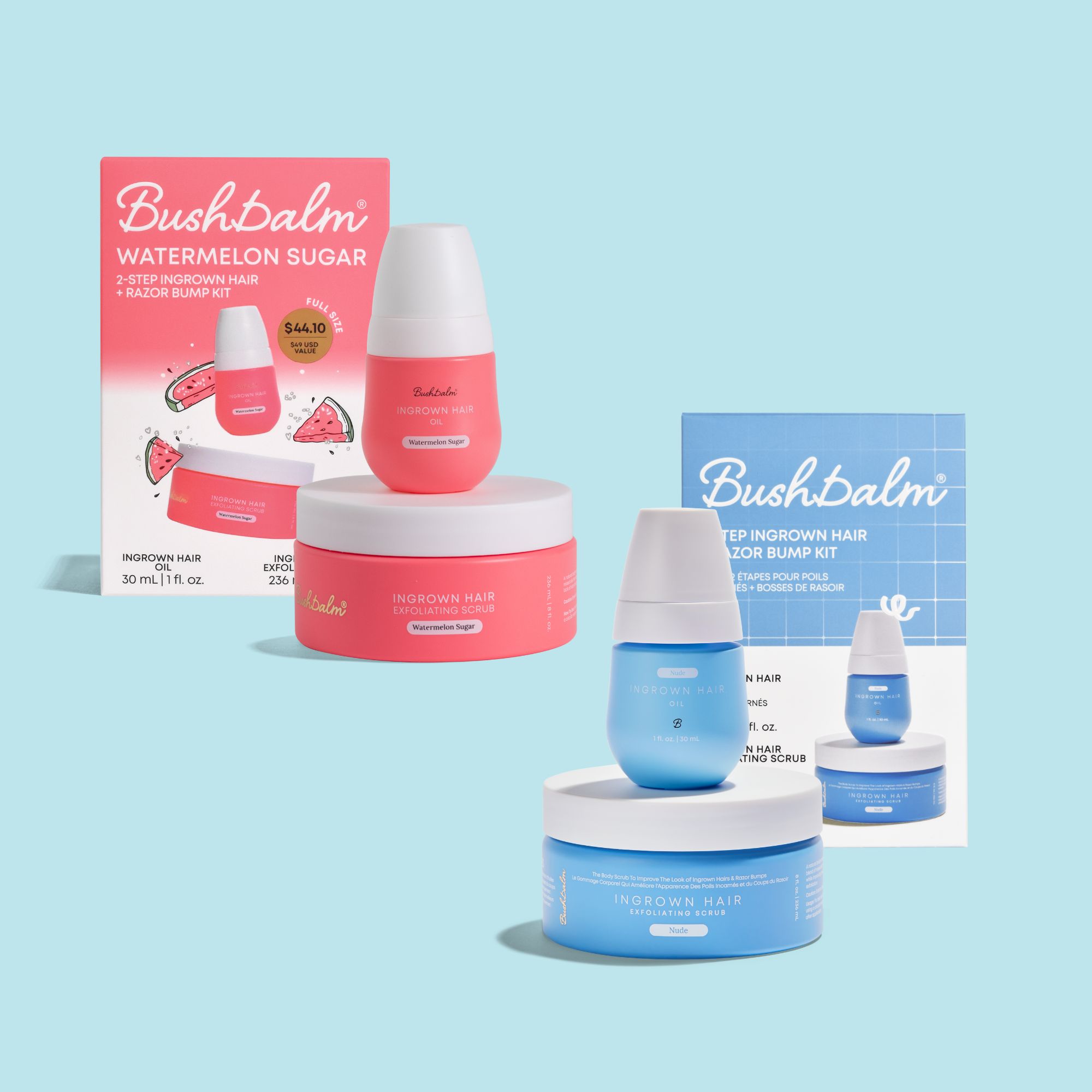 Two skincare kits with bottles and boxes labeled 'Bushbalm' on a blue background.