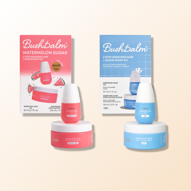 Two BushBalm Ingrown Hair Kits, one pink and one blue, displayed with their oil and scrub products.