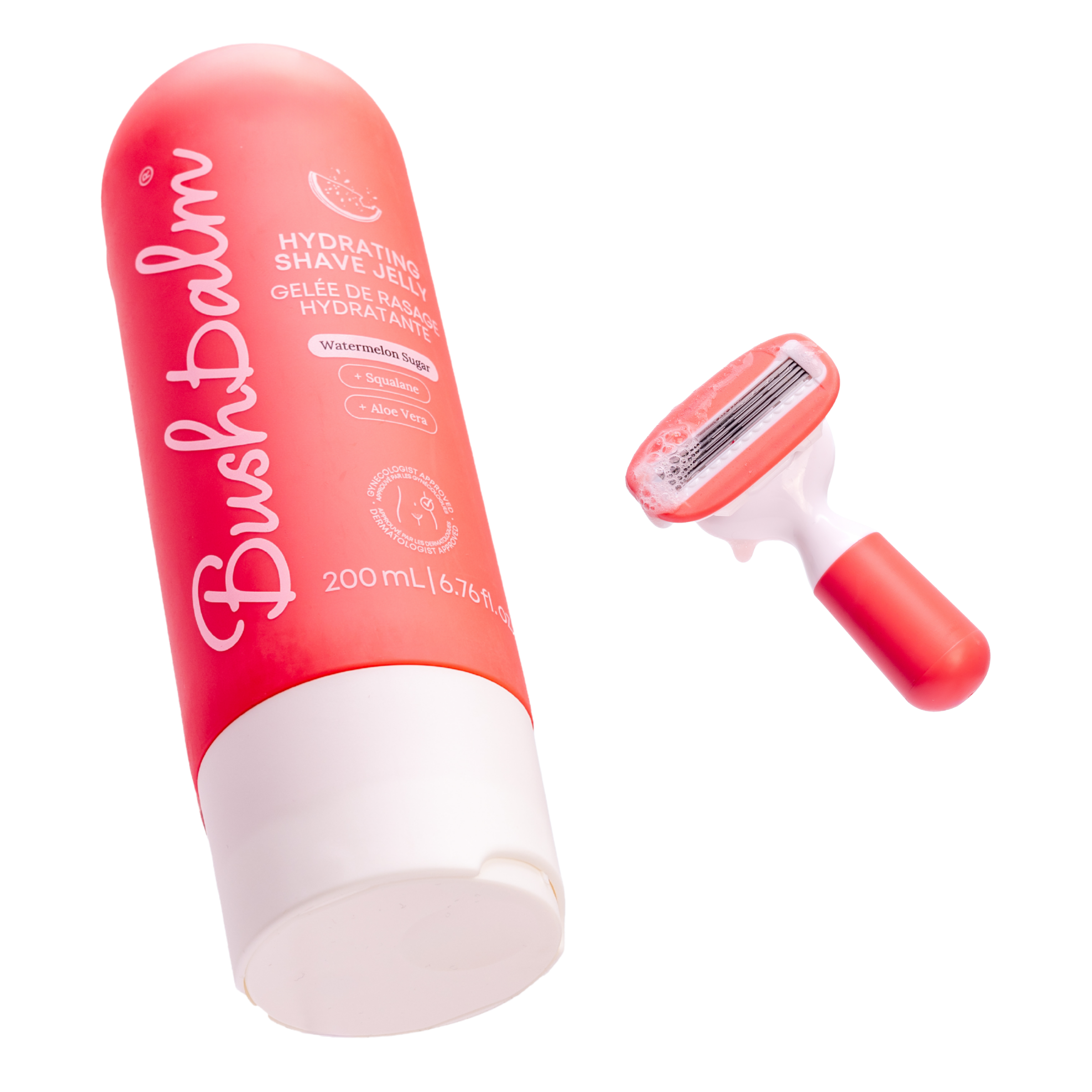 A red bottle of Bushbalm Hydrating Shave Jelly next to a matching red and white razor.