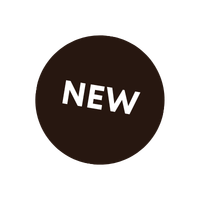 A dark brown circle with the word 'NEW' in white, capital letters.