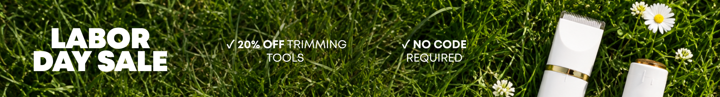 A Labor Day Sale banner showing trimming tools on a background of grass with daisies.