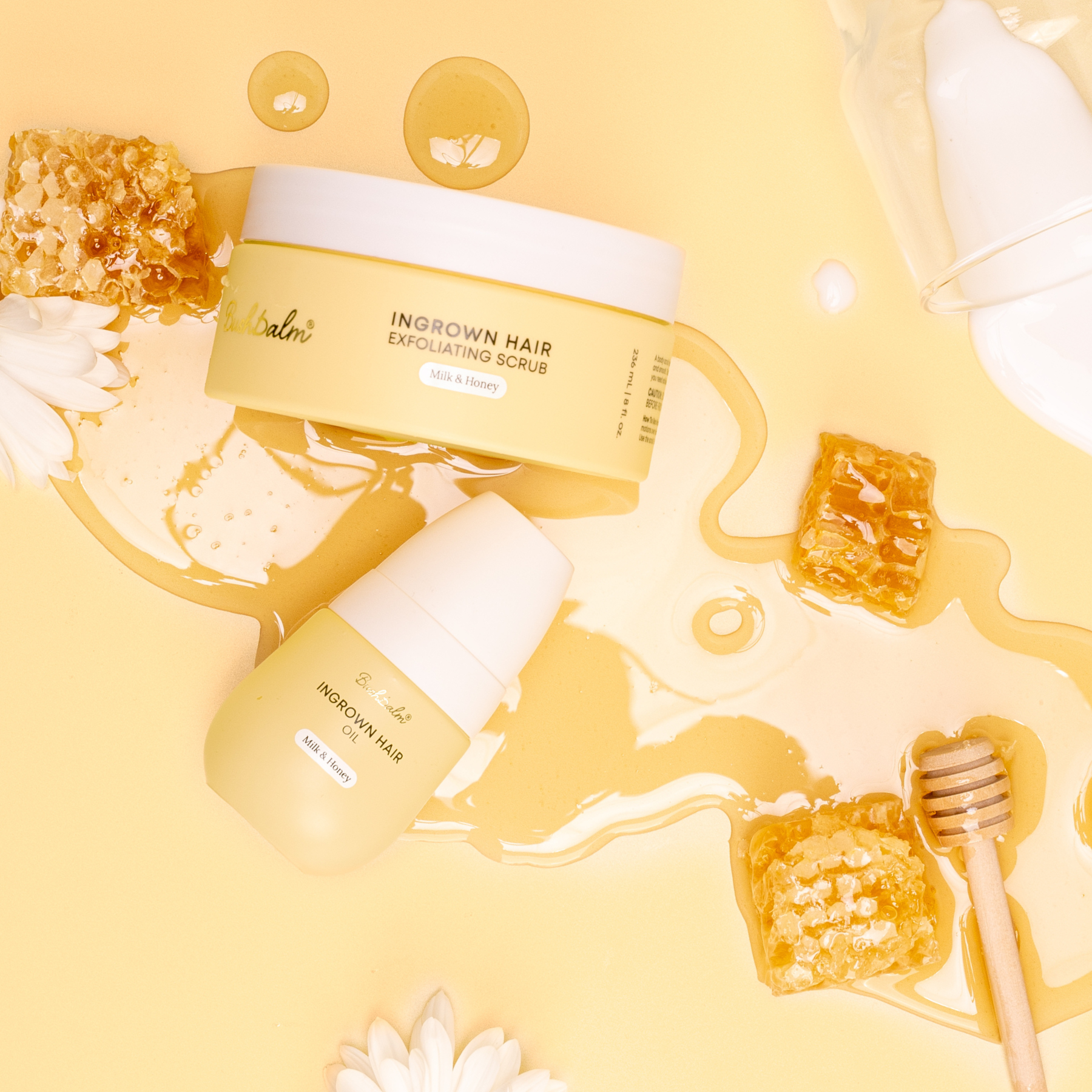 Bushbalm milk and honey ingrown hair products with honeycomb, honey, flowers, and a milk bottle.
