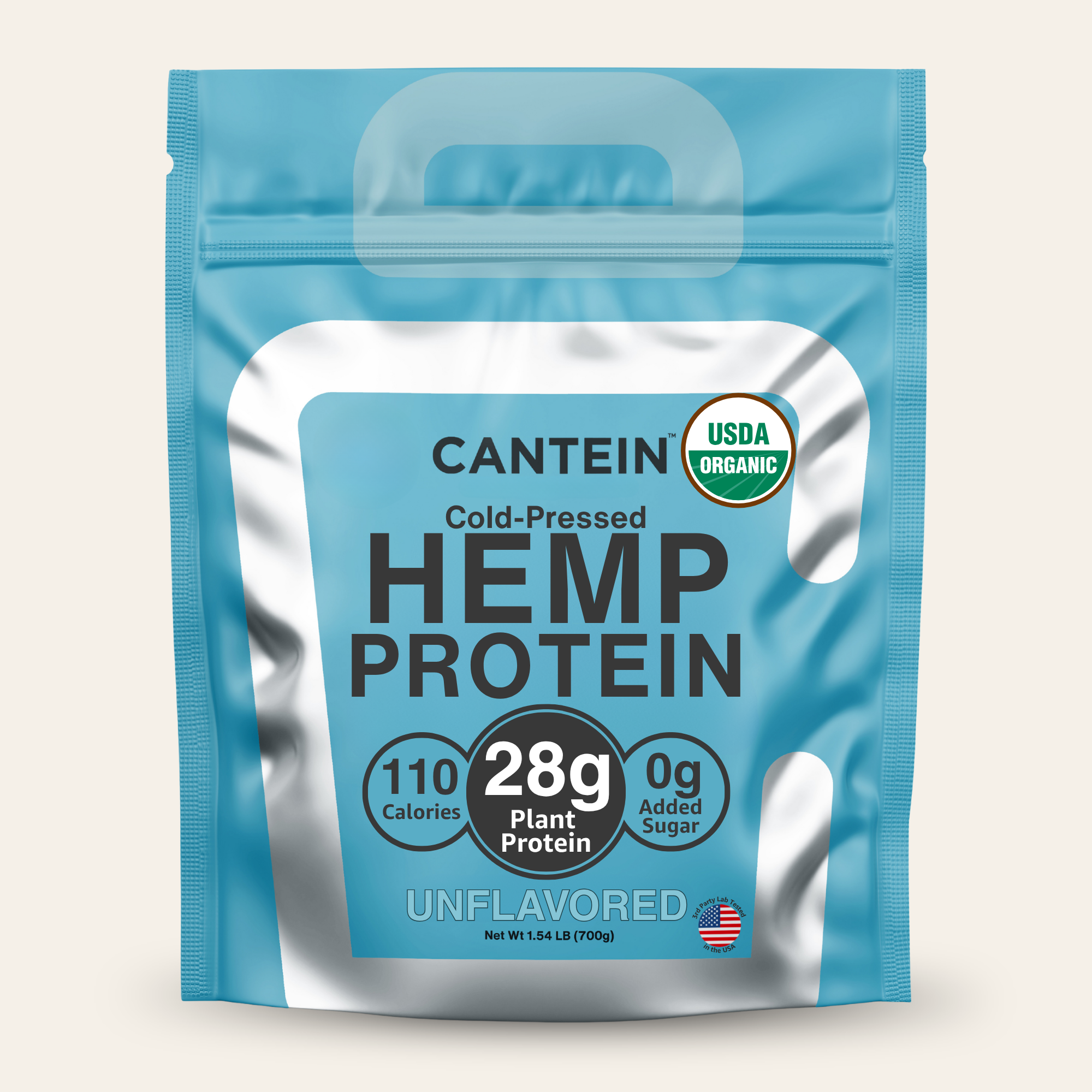 A pouch of Cantein Unflavored Cold-Pressed Hemp Protein powder against a plain background.